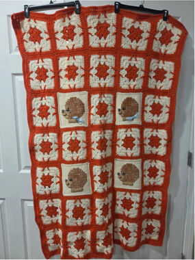 Unbranded Handmade Crochet Hedgehog Throw Blanket One Size Orange Beige 34x59